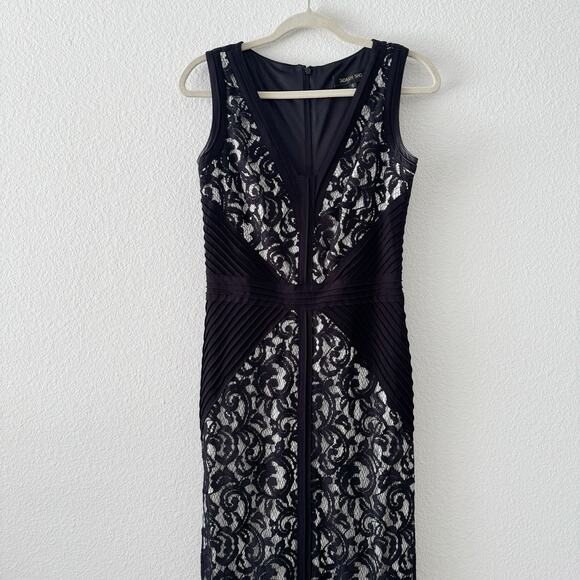 Tadashi Shoji Sleeveless Lace Gown with Pleated Panels Black Ivory Size 6 - Picture 3 of 6